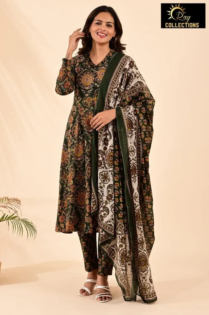 Cotton sets with Fullarm Sleeves Olive Green, MultiColor design (S-38)