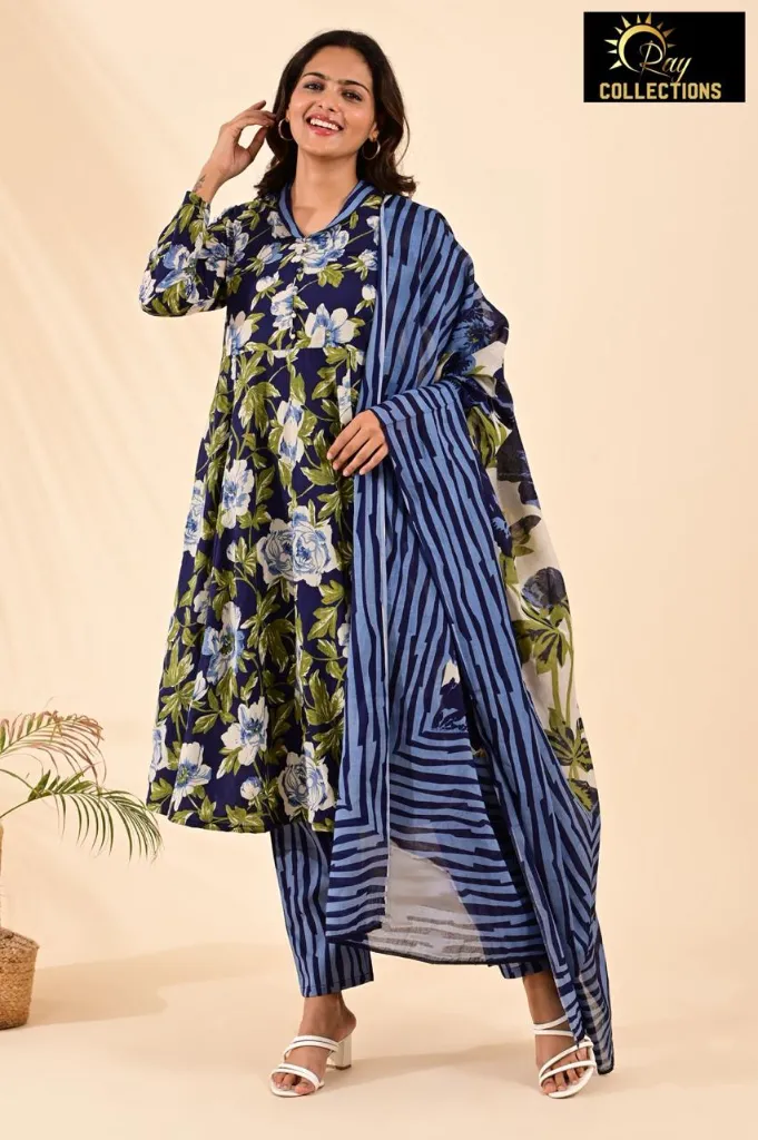 Cotton sets with Fullarm Sleeves Deep Indigo, Cream-Green-Blue Flower (S-38)