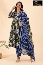 Cotton sets with Fullarm Sleeves Deep Indigo, Cream-Green-Blue Flower