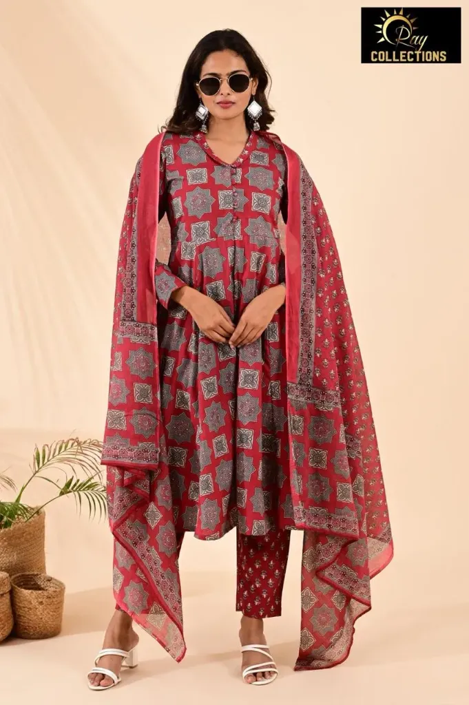 Cotton sets with Fullarm Sleeves Dark Red, Grey Patterns (S-38)