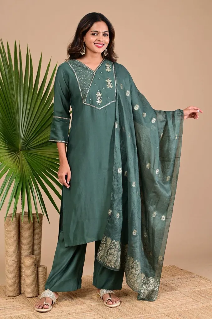Vatican Duppatta Sets muted Greenish Blue, Gold Design (S-38)