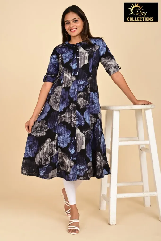 Aline Kurti Black, Night blue, Grey flowers (S-38)