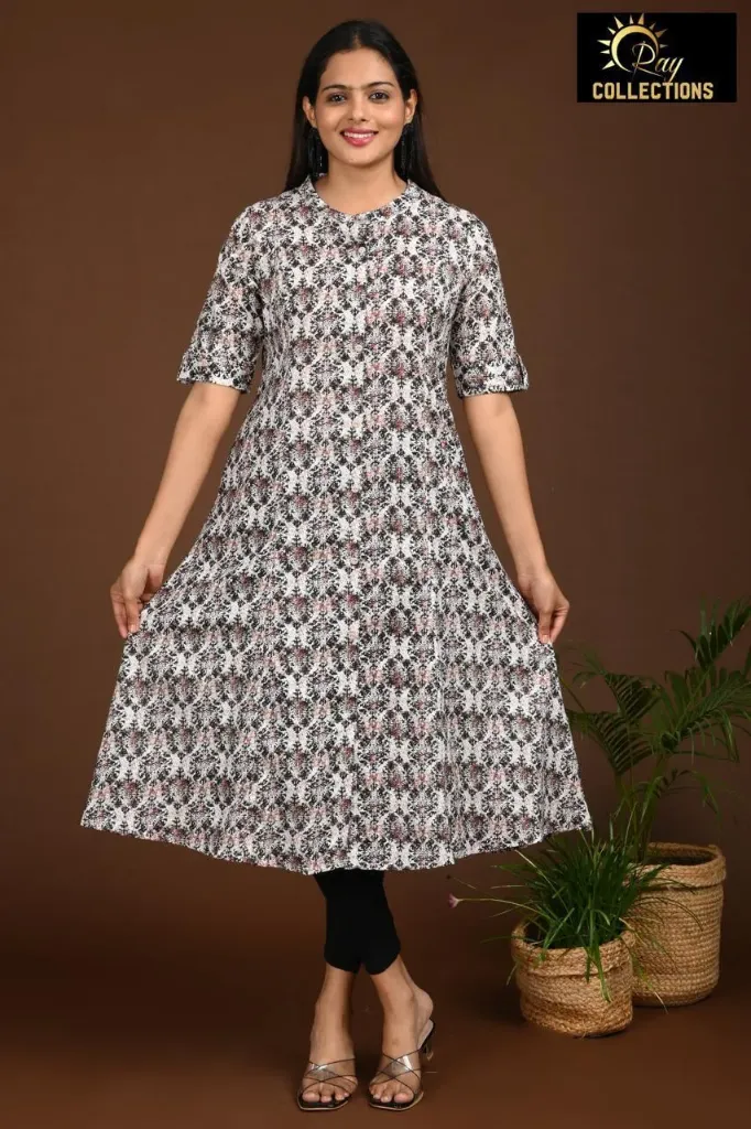 Aline Kurti Cream, Black brown Patterns (S-38)