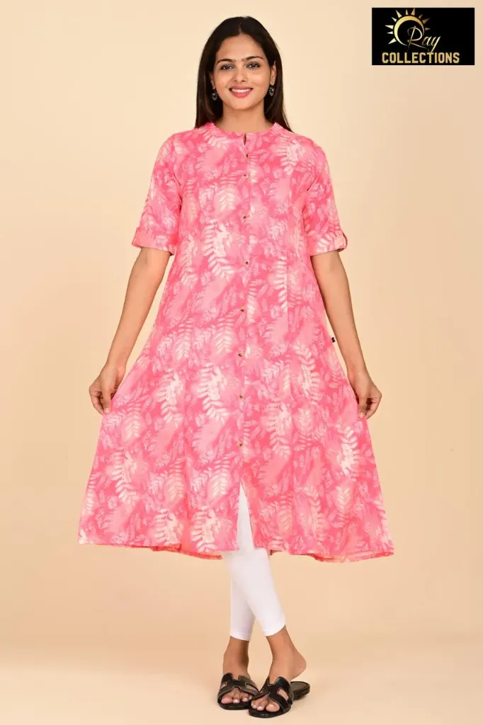 Aline Kurti Pink, Cream Leaves (S-38)