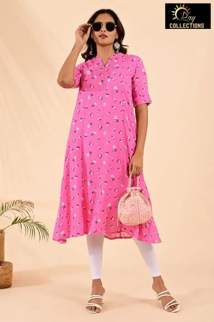 Aline Kurti Pink, White Leaves (S-38)