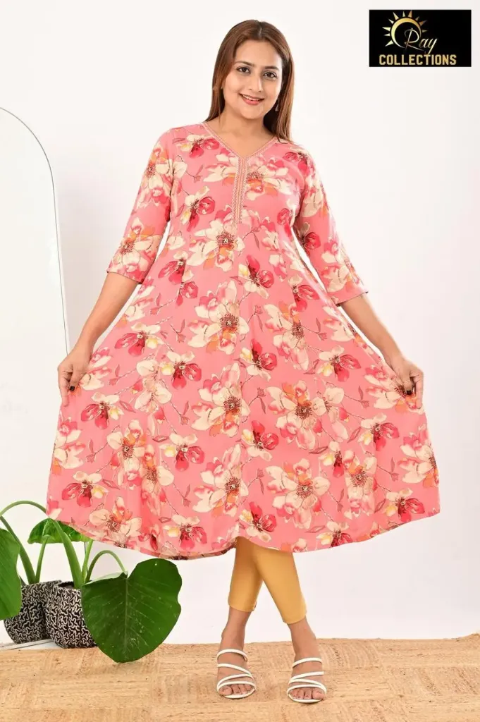 Umbrella kurtis 4 Peach, Cream Pink Flowers