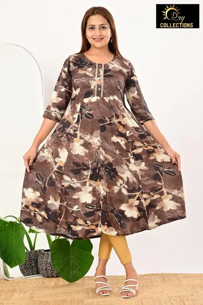 Umbrella kurtis 4 Dark Brown, Cream Brown Leaves