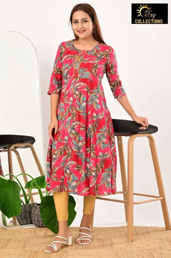 Umbrella kurtis 4 Dark Pink, Green Leaves