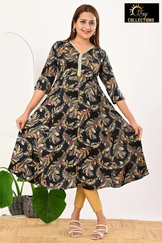 Umbrella kurtis 4 Black, Green Leaves