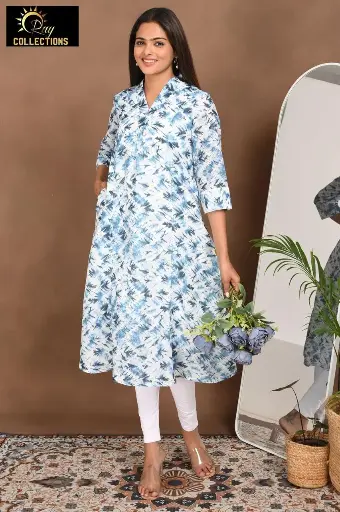 Aline Lining kurtis White-blue leaves