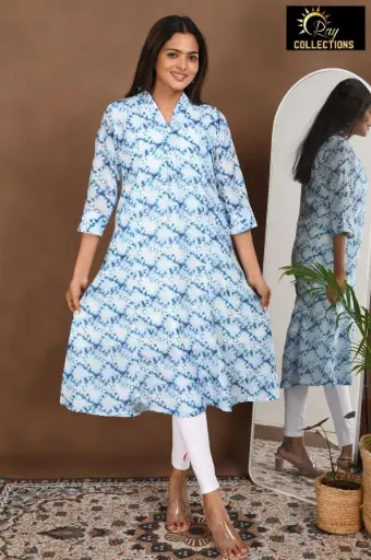 Aline Lining kurtis White-Blue Patterns