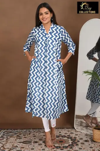 Aline Lining kurtis White-blue Zigzag