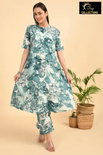 Aline Cotton Cordsets White-Dark Blue Flowers