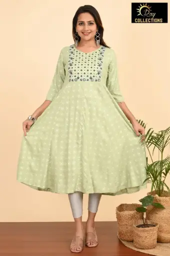 Umbrella kurtis-2 Olive Green, Green embroidery