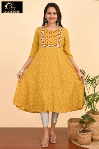 Umbrella kurtis-2 Yellow, Red White embroidery