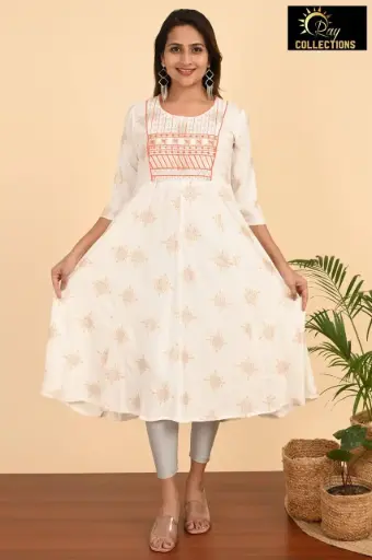 Umbrella kurtis-2 Cream, Orange embroidery