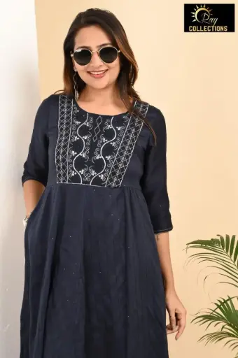 Umbrella kurtis-2 Bluish Gray, White embroidery