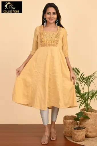 Umbrella kurtis-2 Light Gold, Brown embroidery