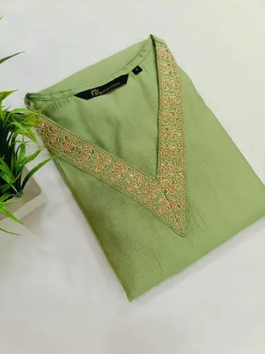 Embroidery Kurtis Olive Green, Gold Embroidery
