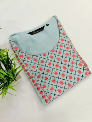 Embroidery Kurtis Light Blue-gray, Red Embroidery