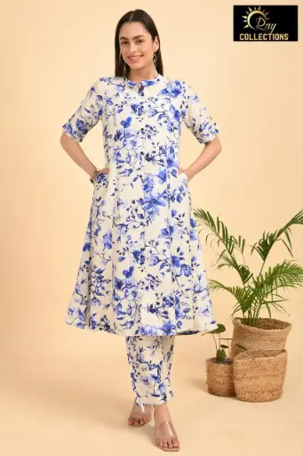 Muslin Aline Cord sets Cream with Blue