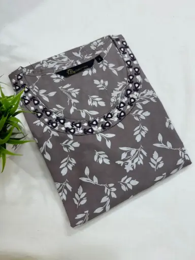 Embroidery Kurtis Dark Gray, White Leaves