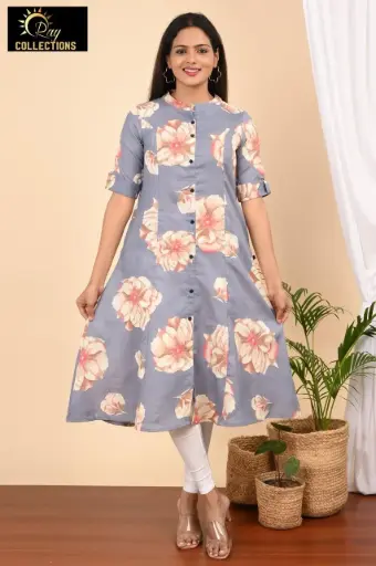 Aline Cotton Bluish Gray, Cream-Pink Flowers