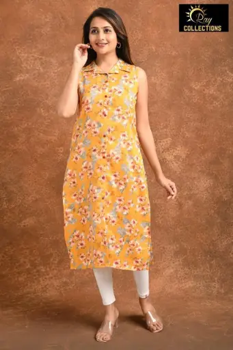 Collar Neck Kurtis Orange, Peach Flowers