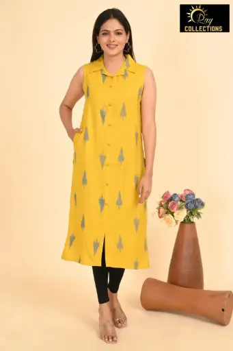 Collar Neck Kurtis Yellow Gray tree