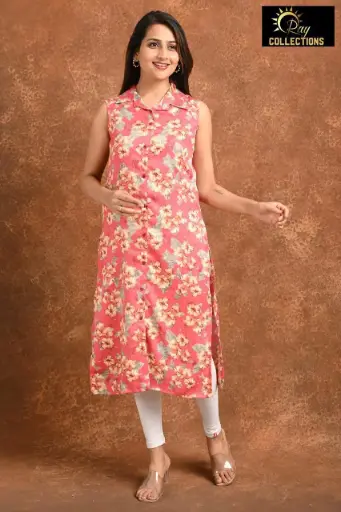 Collar Neck Kurtis Pink, Cream Flowers