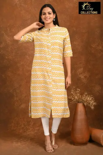 Collar Neck Kurtis White, dark yellow zigzag 