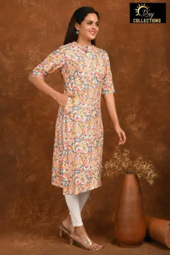 Collar Neck Kurtis Peach, Multi Color Flowers