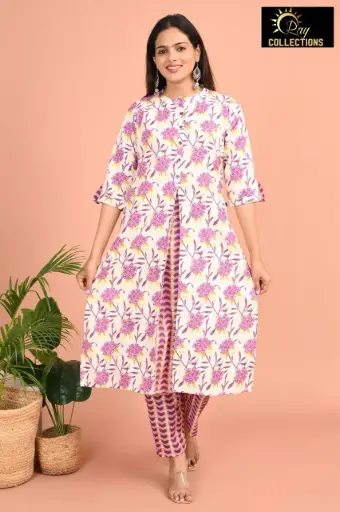 Cotton Kurti Set Cream, Voilet Flowers