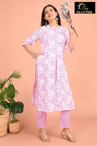 Cotton Kurti Set Pink, White Flowers