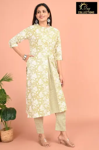 Cotton Kurti Set Olive Green, Cream Flowers