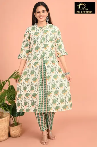 Cotton Kurti Set Cream, Green leaves 