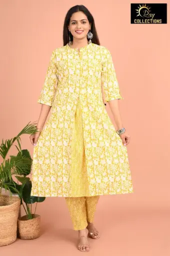 Cotton Kurti Set Yellowish Green, Cream Flowers