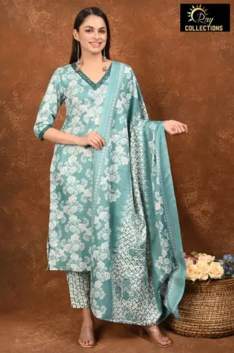 Rayon Foil Duppatta sets Greenish Blue with Cream Patterns