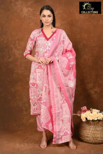 Rayon Foil Duppatta sets Pink with Cream Patterns